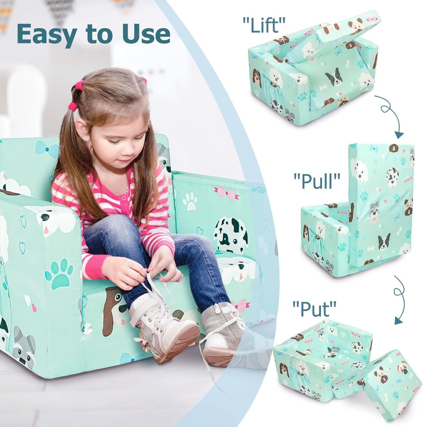 Kids Couch, 2-in-1 Kids Fold Out Sofa, Convertible Toddler Couch to Lounger for Girls and Boys, Soft Toddler Chairs Comfy 1-3 Years Old (Green Dog)