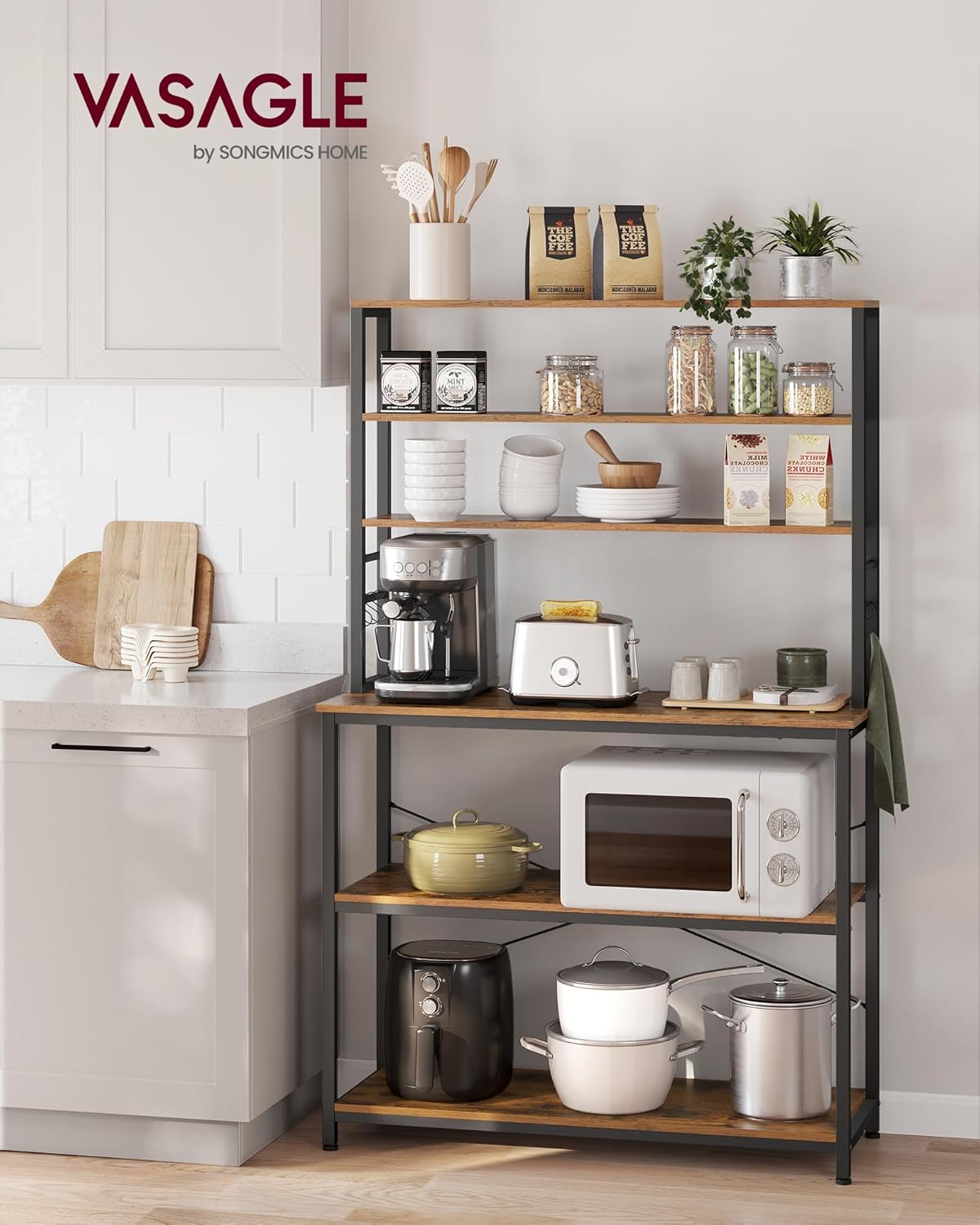 VASAGLE Coffee Bar, 39.4 Inches Baker's Rack for Kitchen with Storage, 6-Tier Kitchen Shelves with 6 Hooks, Microwave Stand, Industrial, Rustic Brown and Black UKKS039K01