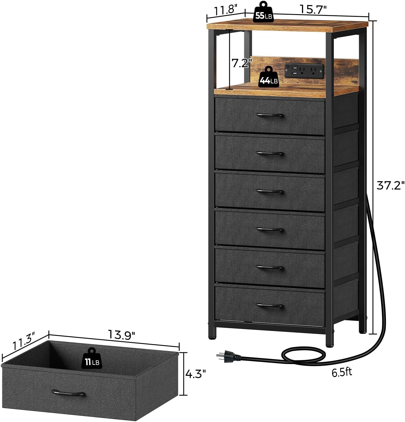 Seventable Night Stand with Charging Station, Tall Nightstand with 6 Fabric Storage Drawers, Side Table with LED Light for Bedroom, Entryway, Rustic Brown, Set of 2