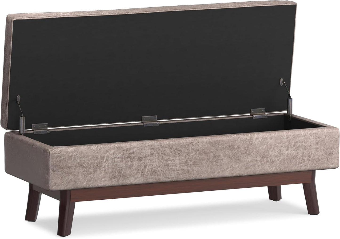 SIMPLIHOME Owen 48 inch Wide Mid Century Modern Rectangle Rectangular Storage Ottoman in Distressed Grey Taupe Vegan Faux Leather, Assembled, for the Living Room, Entryway and Family Room