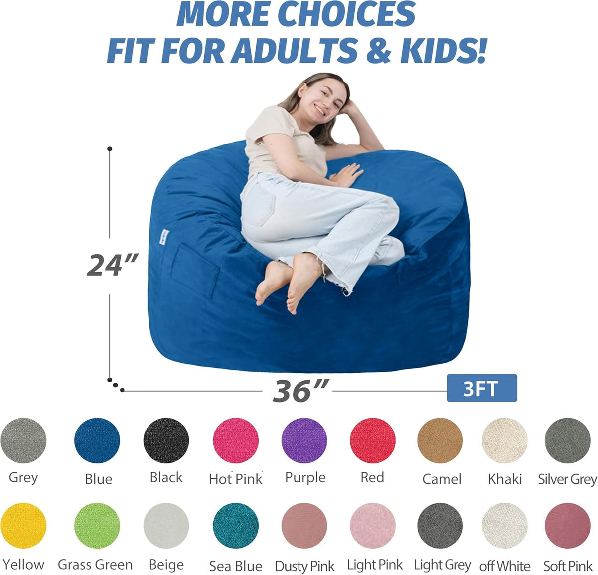 3FT Bean Bag Chair with Ultra Soft Velvet Cover Bean Bag Sofa with Memory Foam Bean Bag Chairs with Large Size Lazy Sofa for Dorm Office Living Room Bedroom Blue 3'
