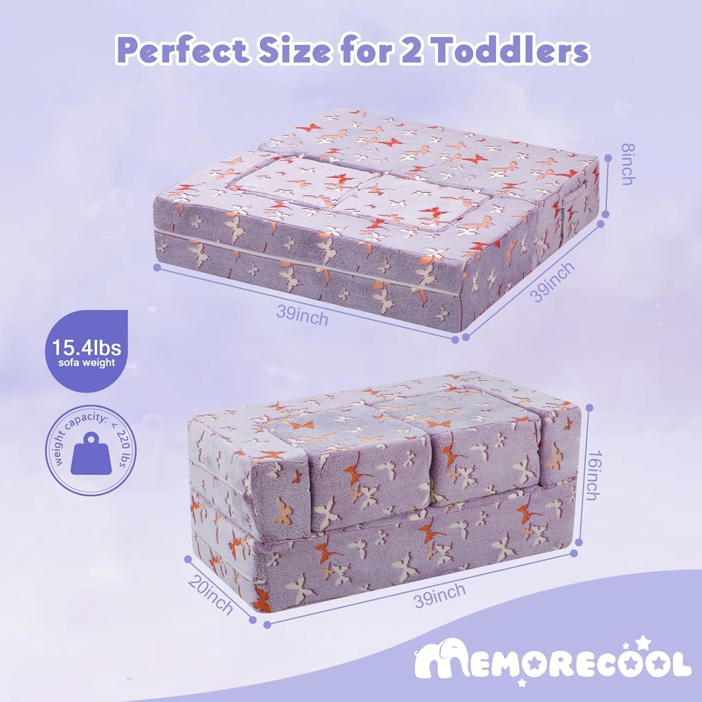 MeMoreCool Modular Kids Couch, Glow Play Toddler Couch for Bedroom Playroom, Convertible Foam Kids Sofa Bed, Fold Out Baby Sofa for Girl Boy, Butterfly