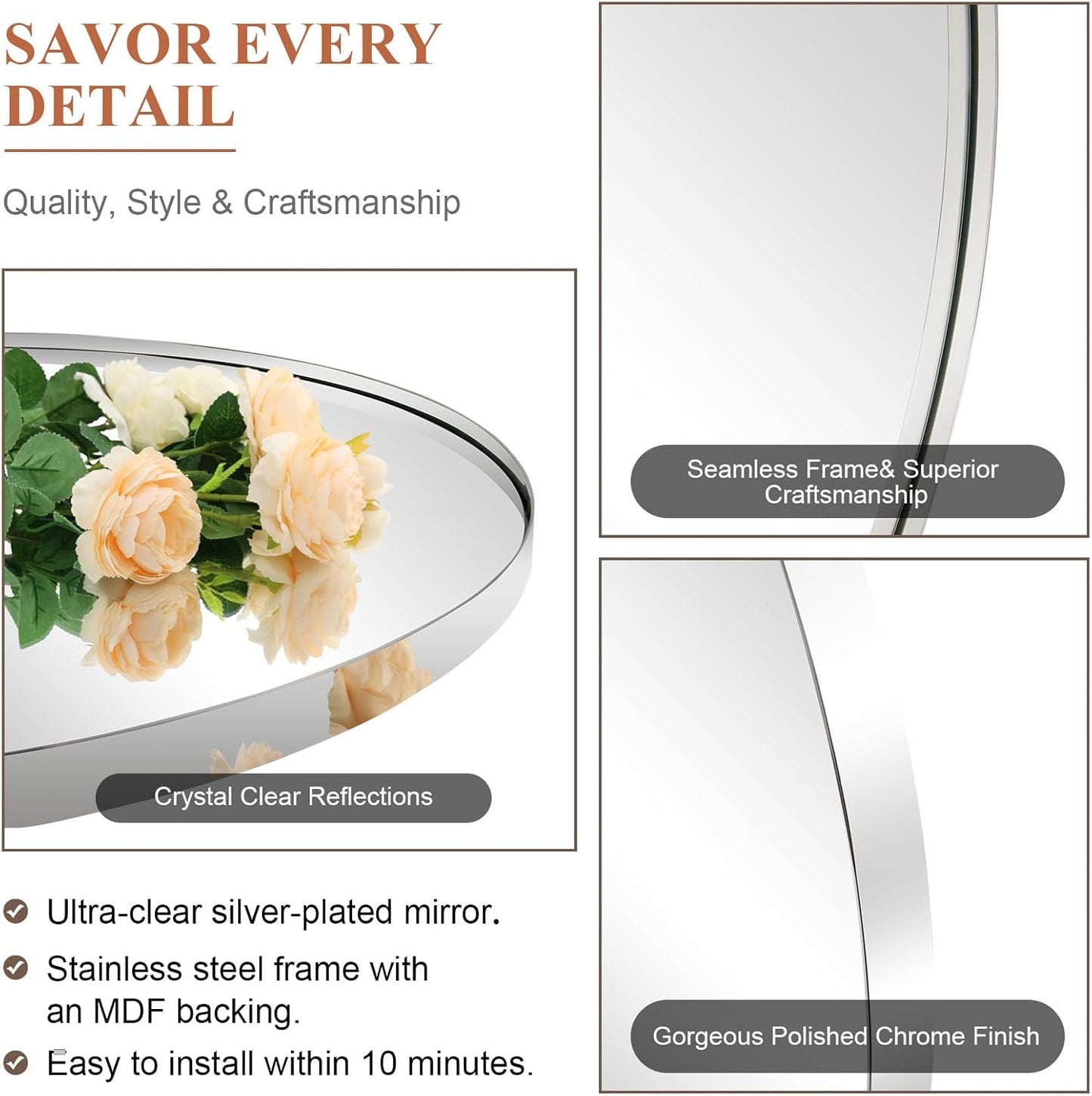 ANDY STAR Chrome Bathroom Mirror, Oval Bathroom Mirror 22 x 30 Inch, Polished Chrome Oval Wall Mirror for Bathroom, Oblong Pill Shaped Mirror Stainless Steel Frame Wall Mount Horizontal or Vertical