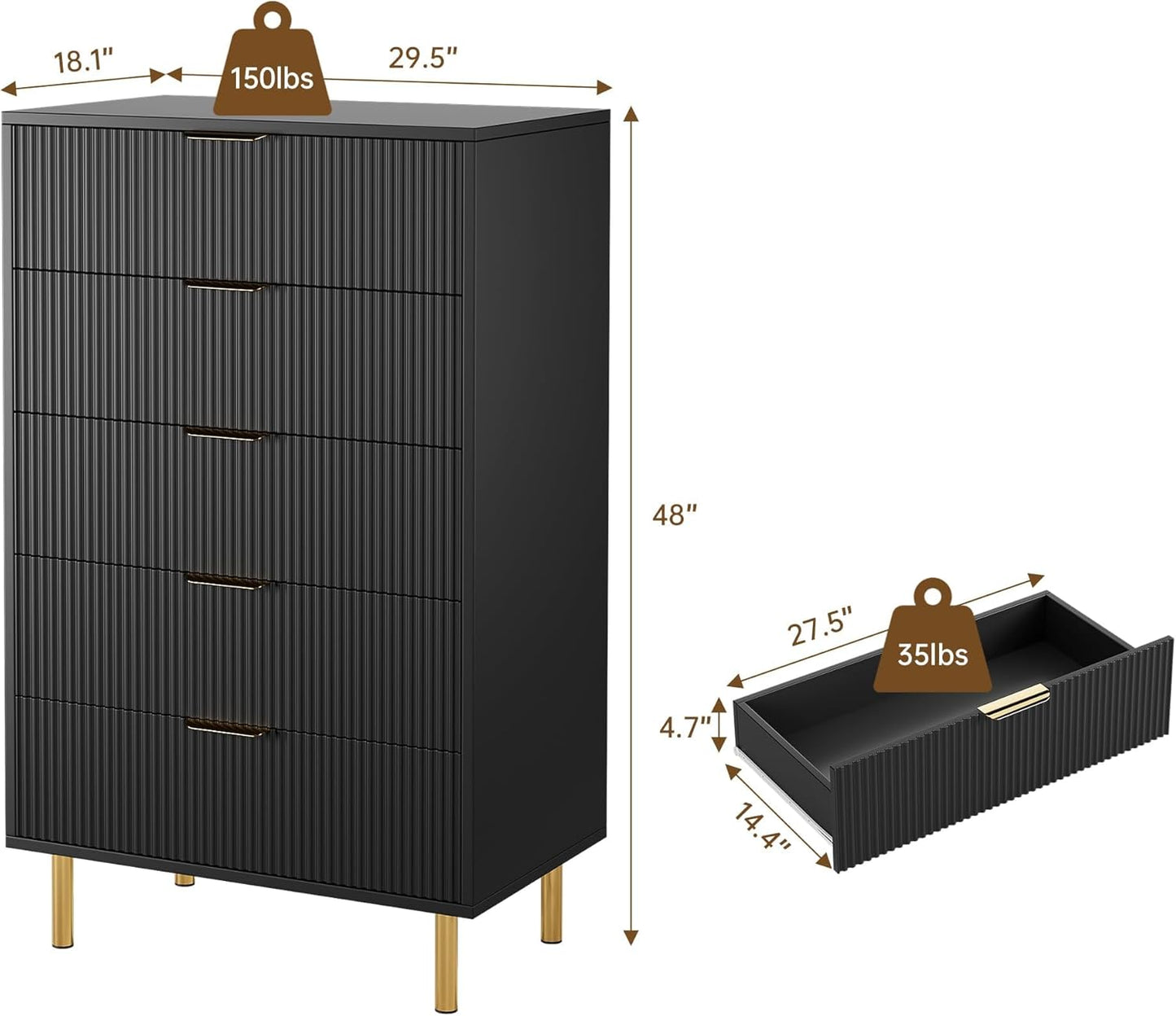 GarveeHome Black Dresser, Modern 5 Drawer Dresser for Bedroom with Gold Handle and Large Drawer, Wood Double Chest of Drawers and Storage Organizer for Living Room, Hallway, Entryway