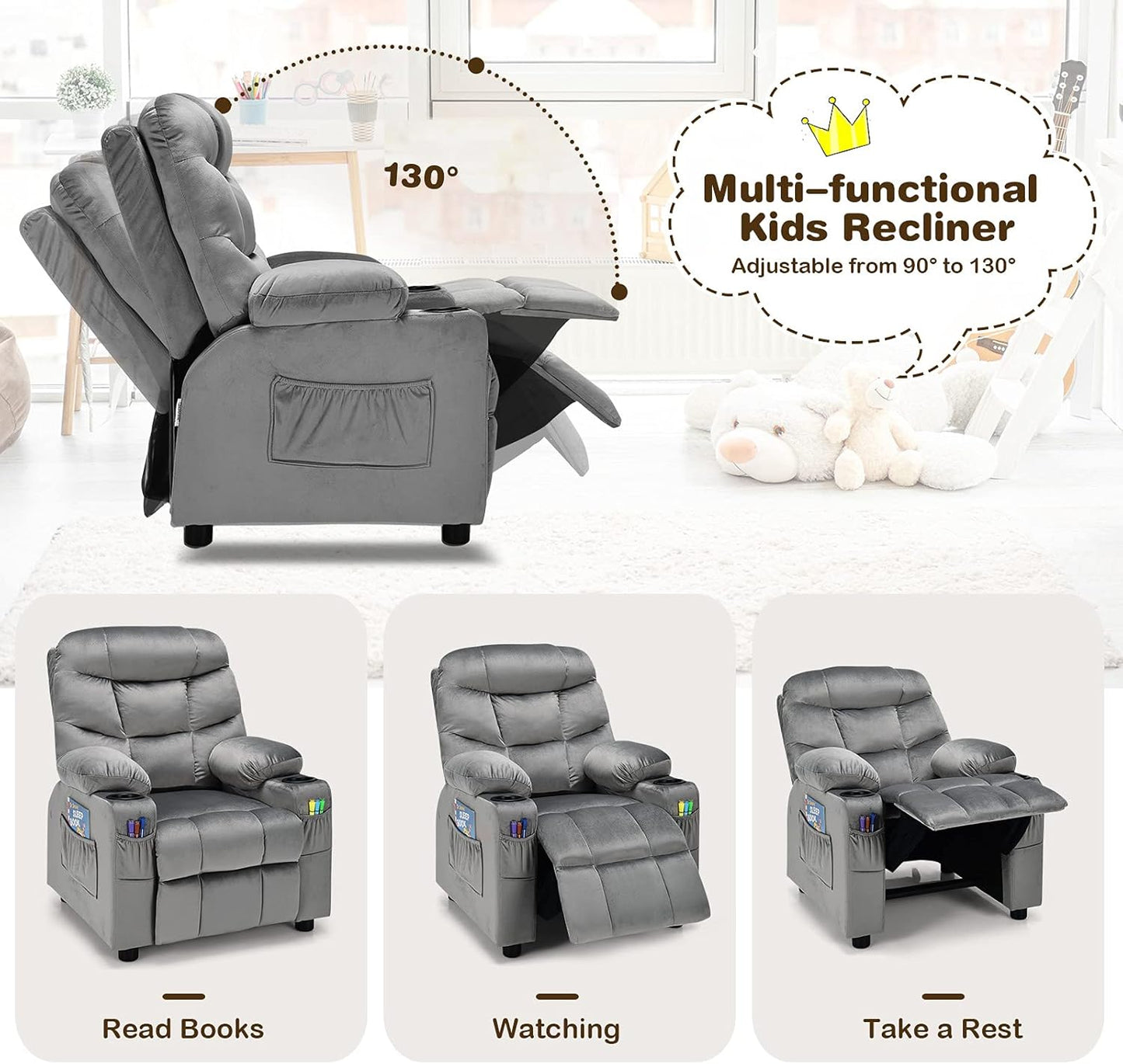 Costzon Kids Recliner Chair with Cup Holder, Adjustable Velvet Lounge Chair w/Footrest & Side Pockets for Children Boys Girls Room, Ergonomic Toddler Furniture Sofa Gifts, Kids Recliner (Gray)