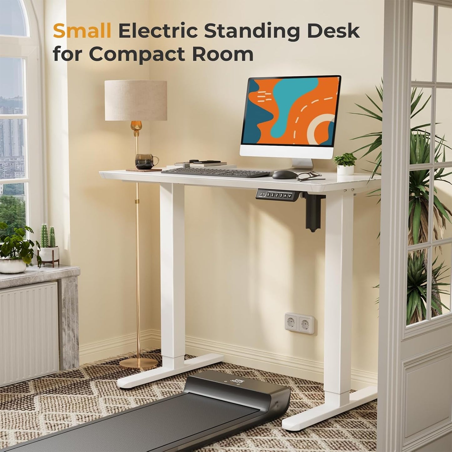 JOY worker Small Glass Standing Desk, 35" x 20" Electric Whole Piece Height Adjustable Desk with 4 Lockable Casters, Mobile White Sit to Stand Workstation for Home Office