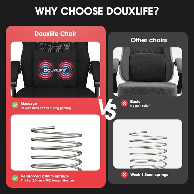 Gaming Chair, Fabric Computer Office Chair with Massage, Ergonomic Chair with Footrest Lumbar Support, Pocket Spring Widened Cushion Metal Legs 350LBS Black