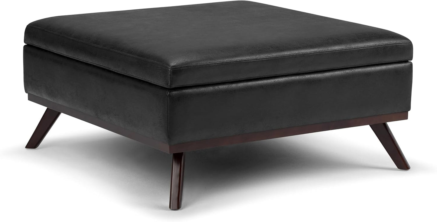 SIMPLIHOME Owen 36 inch Wide Mid Century Modern Square Coffee Table Storage Ottoman in Distressed Black Vegan Faux Leather, Assembled, for the Living Room, Entryway and Family Room