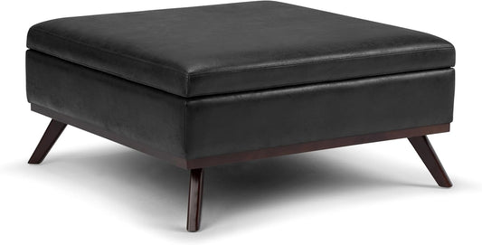 SIMPLIHOME Owen 36 inch Wide Mid Century Modern Square Coffee Table Storage Ottoman in Distressed Black Vegan Faux Leather, Assembled, for the Living Room, Entryway and Family Room
