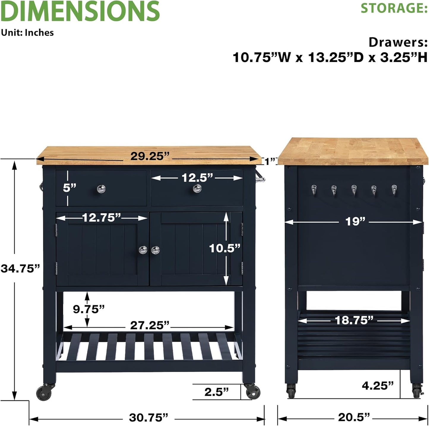 OSP Home Furnishings Stirling Farmhouse Kitchen Cart, Rolling Storage Cabinet with Drawers, Shelf, 5 Utility Hooks, Dark Blue with Natural Wood Top