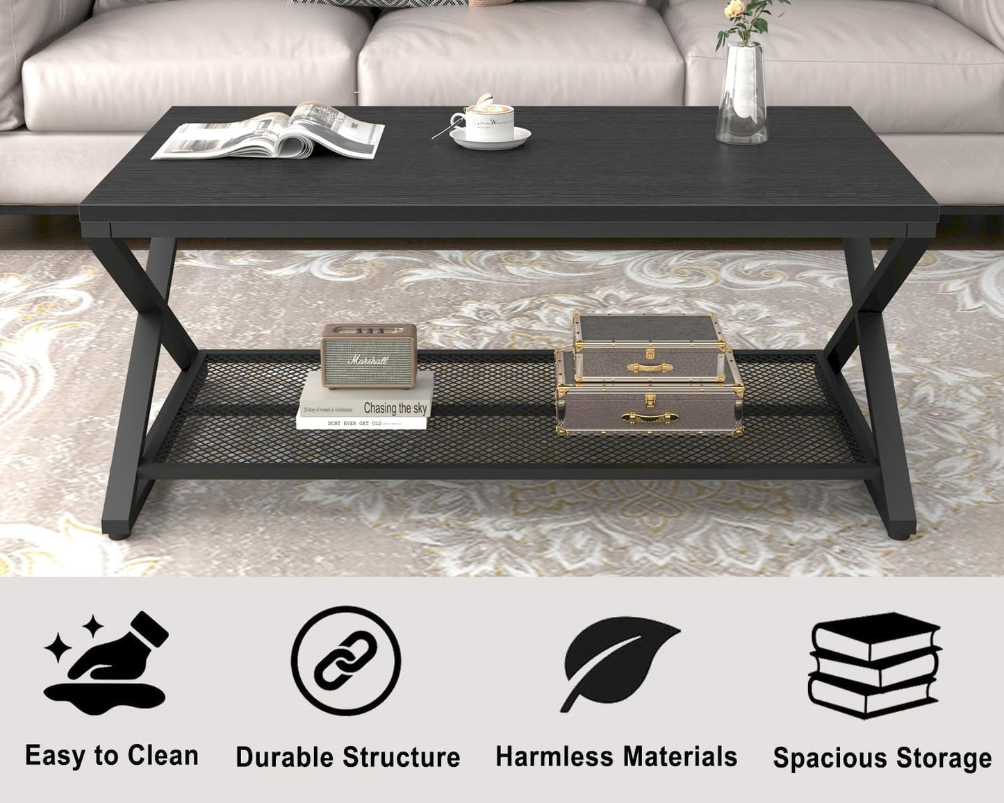LVB Black Coffee Table, Metal Wood 2 Tier Center Tables with Storage Shelf, Modern Rectangular Cocktail Tea Table for Living Room, Wooden Middle Concrete Table for Office Bedroom, 39 inch, Black Oak