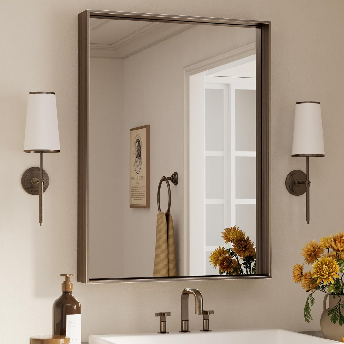 Keonjinn 24 x 32 Inch Brushed Bronze Mirror, Rectangle Bathroom Vanity Mirror for Wall, Aluminum Alloy Framed, Modern Farmhouse, Rectangular Square Corner, Decorative(Horizontal/Vertical)