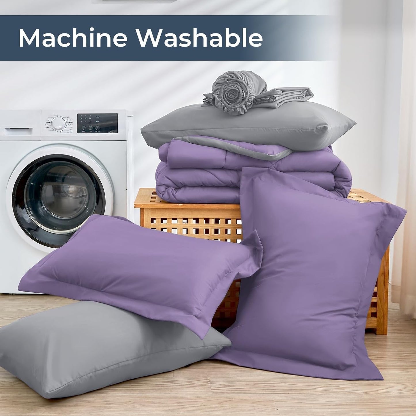 HEVUMYI Cali-King Comforter Set - 7-Piece All Season Bed in a Bag Cali-King, Ultra Soft Bedding Set with Comforter, Flat Sheet, Fitted Sheet, Pillowcases, Pillow Shams, Purple & Light Grey