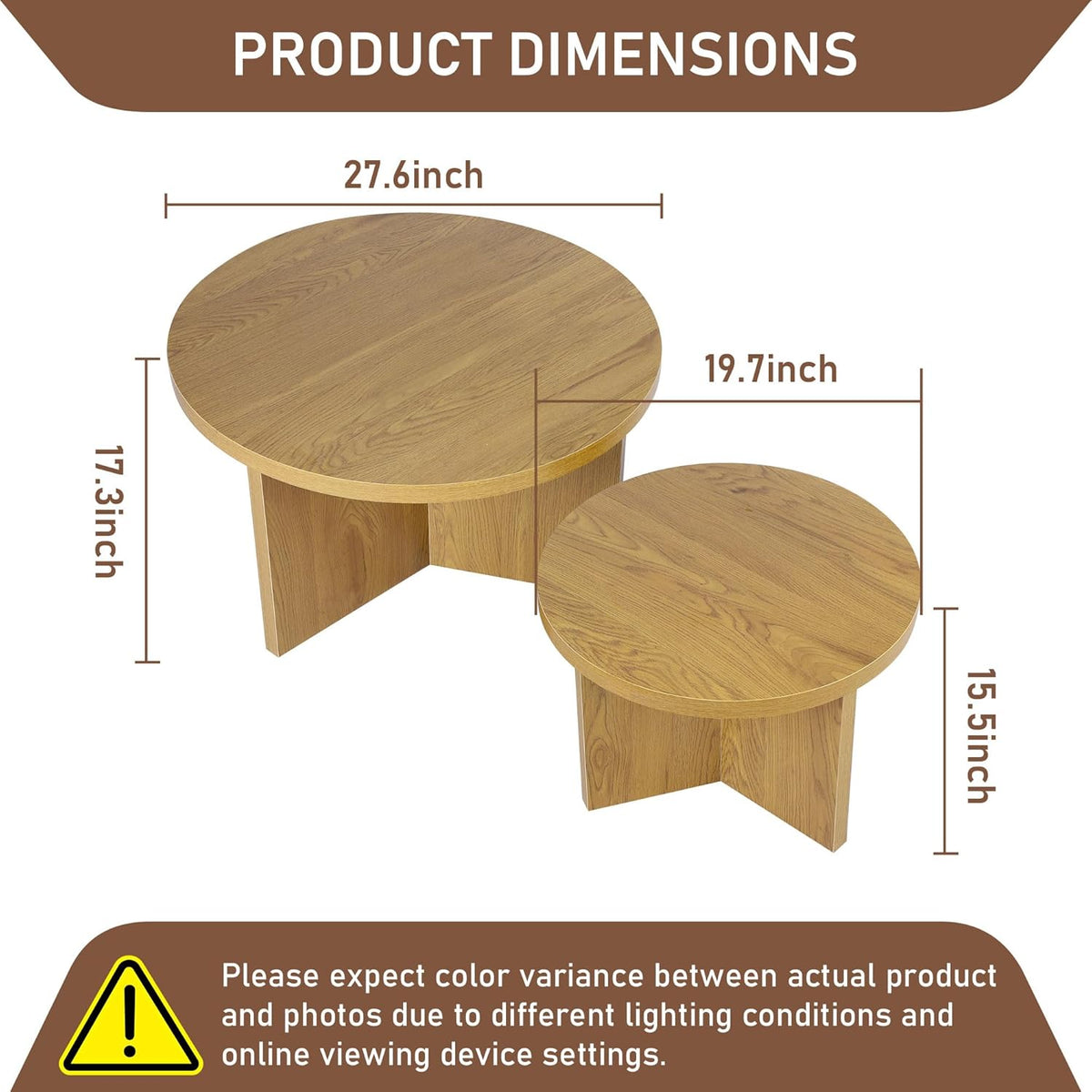 Round Nesting Coffee Tables Set of 2, Modern Stacking Table with Wood Grain Finish, End Table Side Tables for Living Room (Natural Oak)