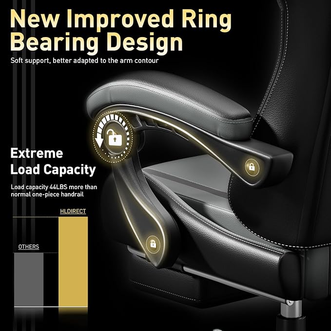 HLDIRECT Gaming Chair, Ergonomic Video Game Seat with 360° Swivel & Lumbar Massage, Computer Chair PU Leather Cushion for Adults Home/Office Use (Black & Grey)