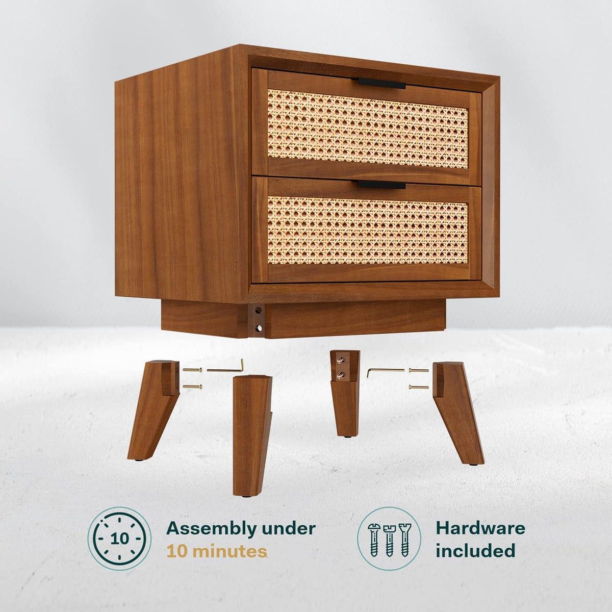 Bme Jasper Deluxe Solid Wood Rattan Nightstand Fully Assembled - Mid Century Modern Side Table with 2 Drawers - Multipurpose use for Living Room, Bedroom - Dark Chocolate
