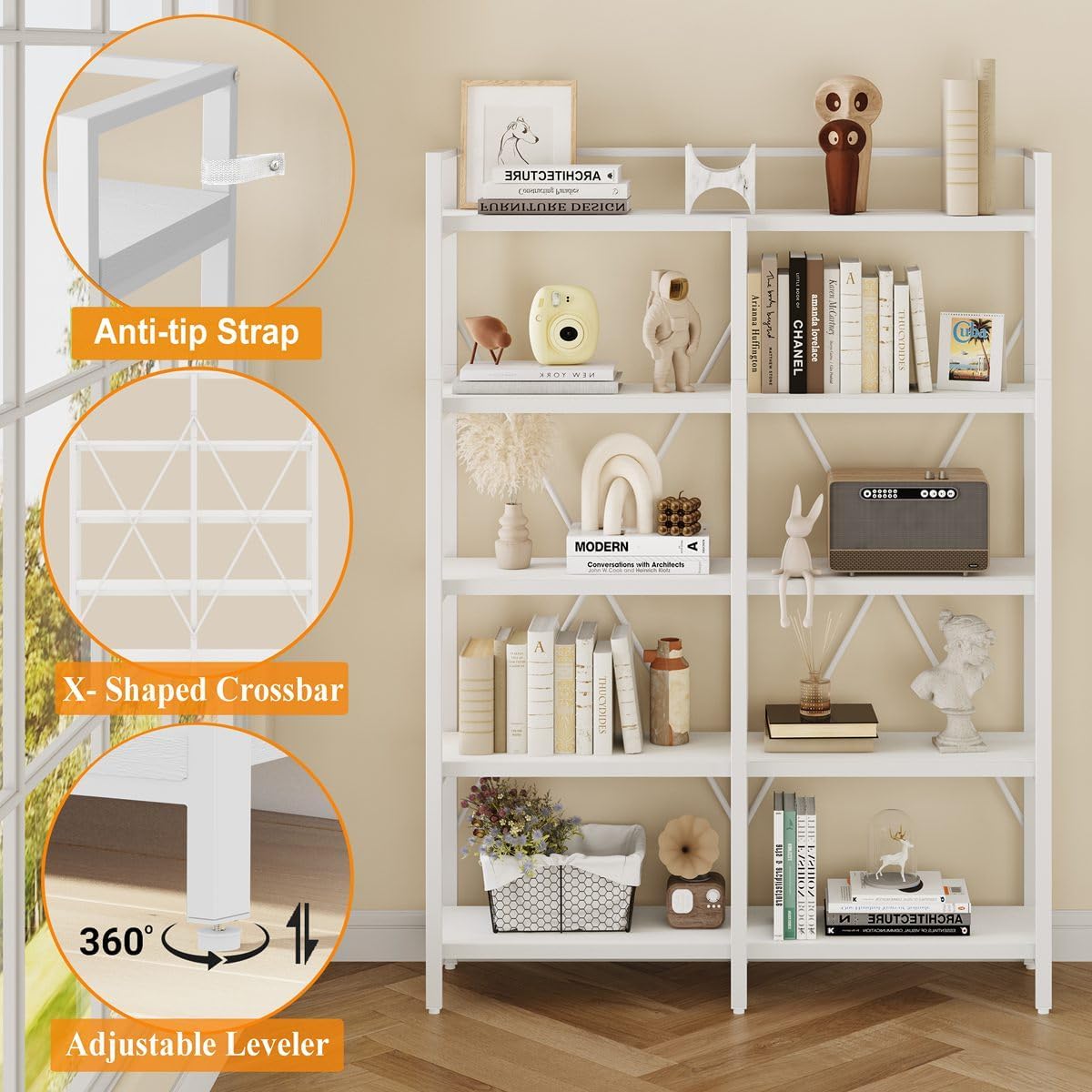 FATORRI Bookshelves and Bookcases, 5 Tier Tall Wood Metal Bookshelf, 51in Wide Bookcase Modern Shelving Unite for Home Office, Living Room, Bedroom (White Oak)