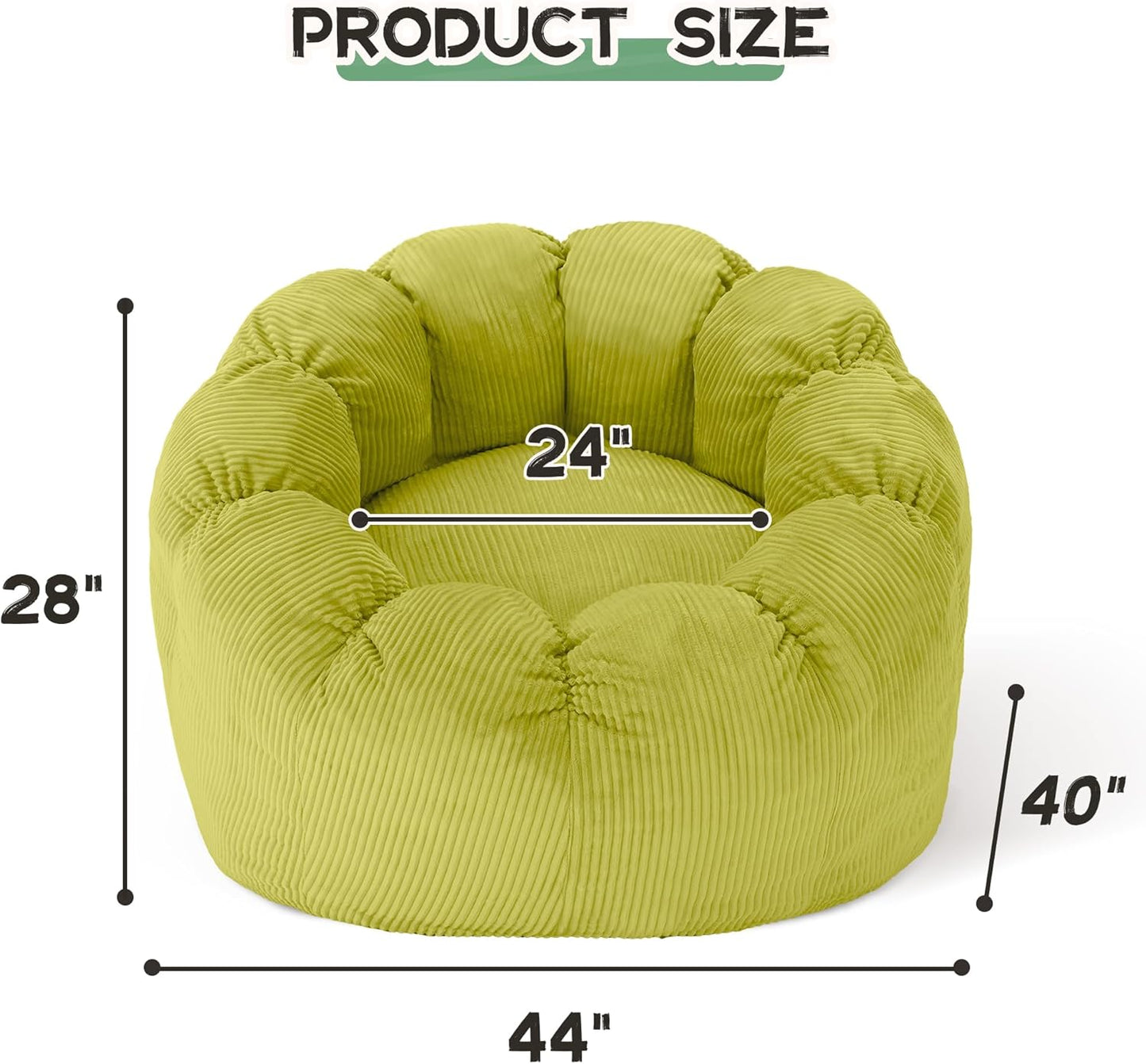 HABUTWAY Giant Bean Bag Chair for Adults/Kids/Teens, Pumpkin Bean Bag Couch Comfy Reading Chair for Bedroom, Corduroy Lazy Sofa Loughe Chair with Wider Seat Depth & Non-Slip Bottom(Light Green)