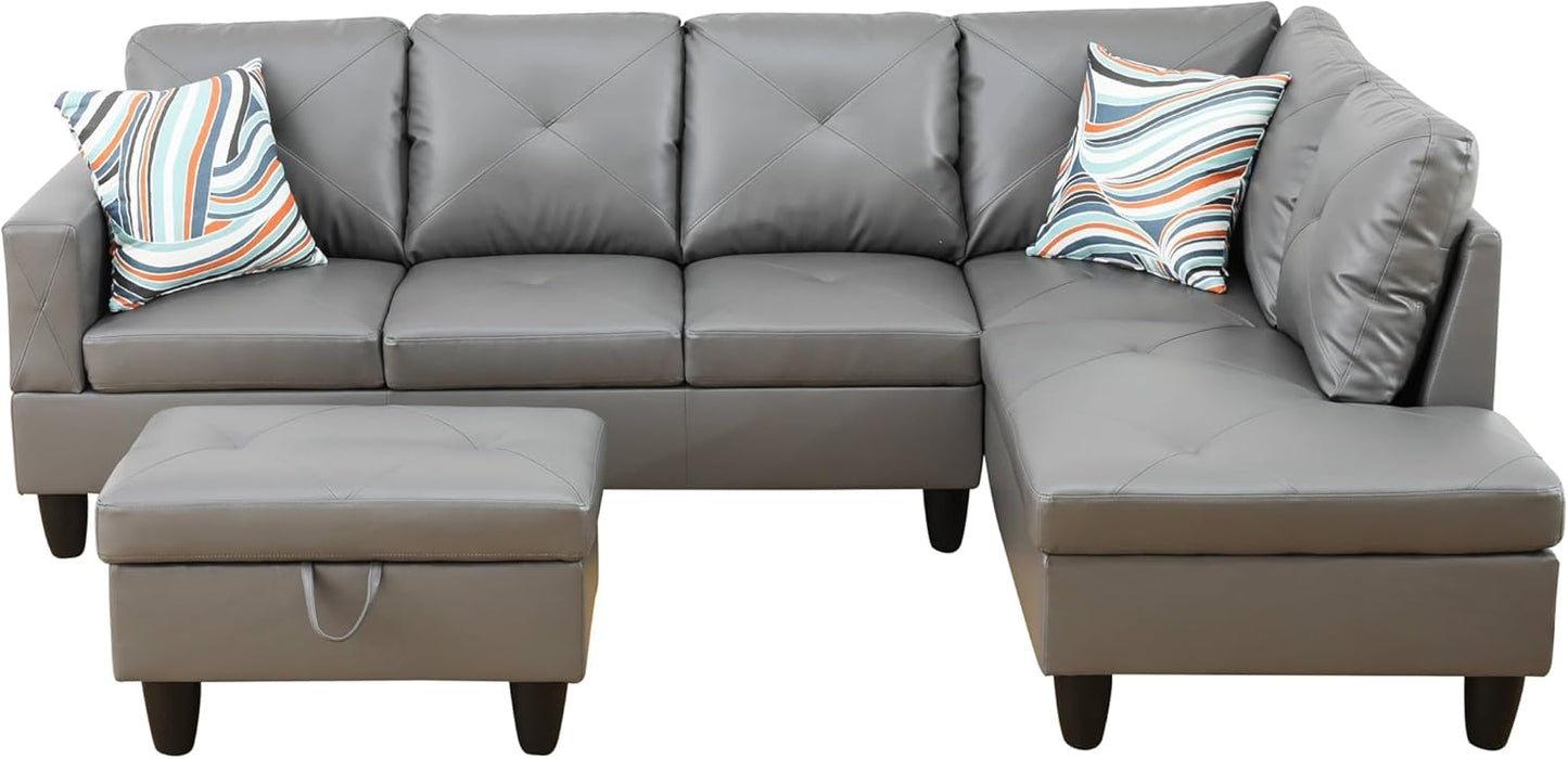 L Shaped Sectional Couch with Otttoman, 97" Leather Sectional Sofa for Living Room Modular Couches with Cup Holders for Bedroom, Apartments, Dark Grey