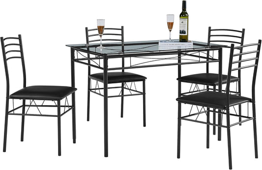 VECELO Kitchen Dining Table and Chairs Set for 4, PU Padded Seat & Glasses Tabletop, Space Saving, Matte Black