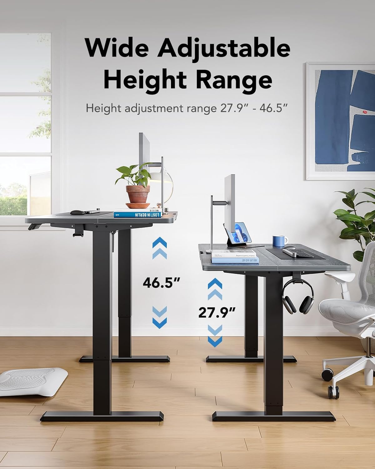 HUANUO 63" x 28" Electric Standing Desk Adjustable Height, 4 Memory Height Settings, Headphone Hook, Cable Manager, Sit Stand Up Desk for Home Office & Computer Workstation, Grey