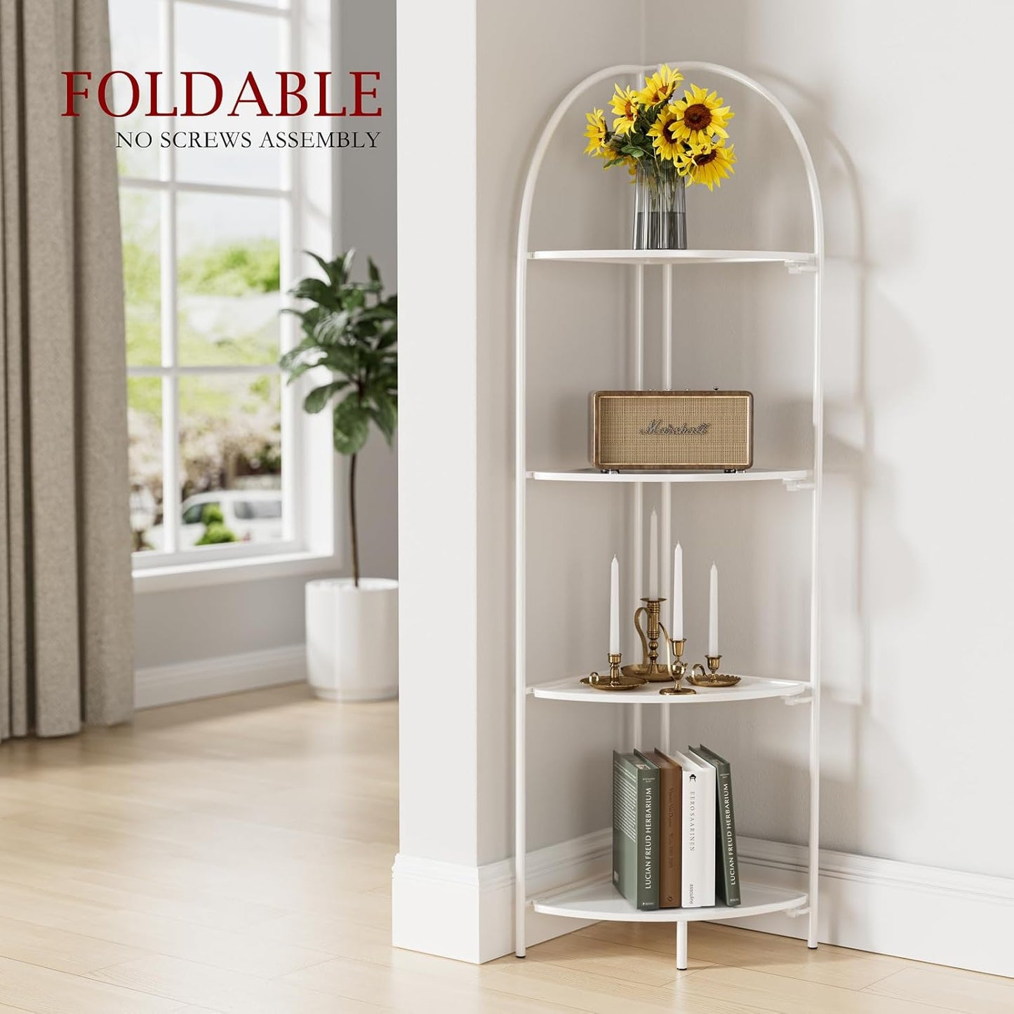 Crofy Foldable 4 Tier Corner Shelf, Metal Corner Plant Stand with White Frame and White Shelves, Corner Display Rack Multipurpose Shelving Unit for Living Room, Bedroom, Bathroom