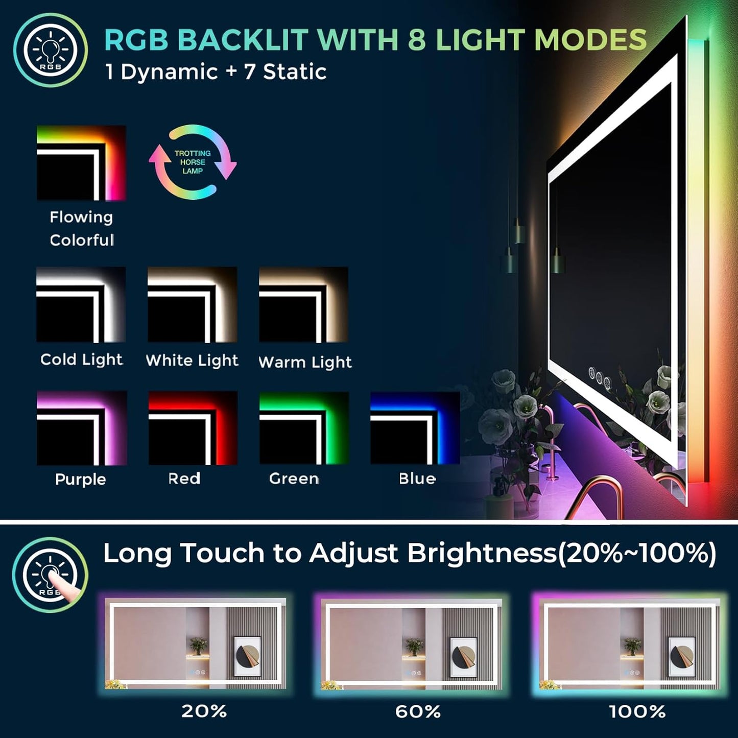 68x40 Inch RGB LED Bathroom Mirror Front Light and RGB Backlit Lighted Vanity Mirror for Bathroom Wall Mounted Dimmable Anti Fog Memory Shatter-Proof IP54 Waterproof Horizontal/Vertical