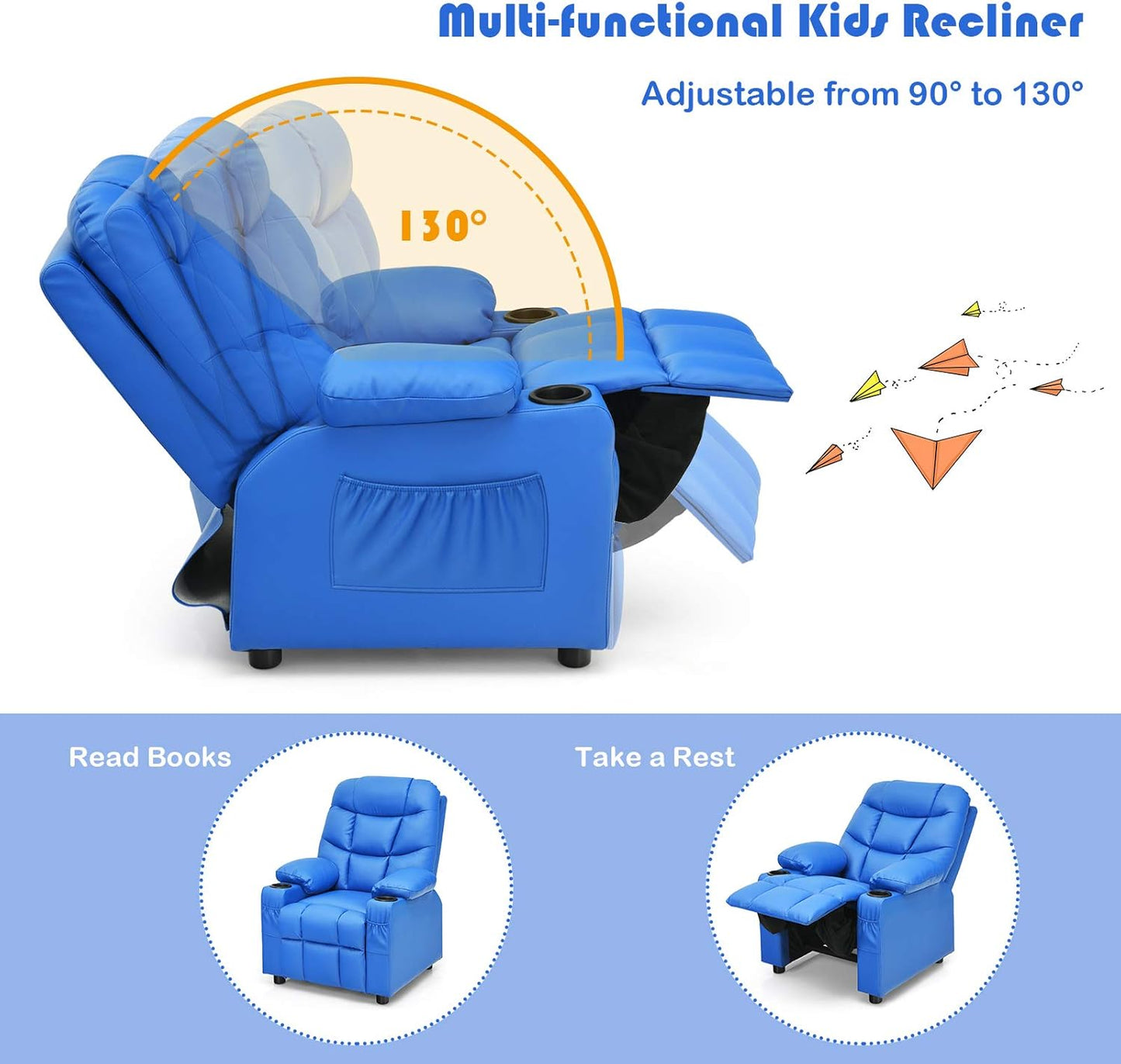 Costzon Kids Recliner Chair with Cup Holder, Adjustable Leather Lounge Chair w/Footrest & Side Pockets for Children Boys Girls Room, Ergonomic Toddler Furniture Sofa, Kids Recliner (Blue)