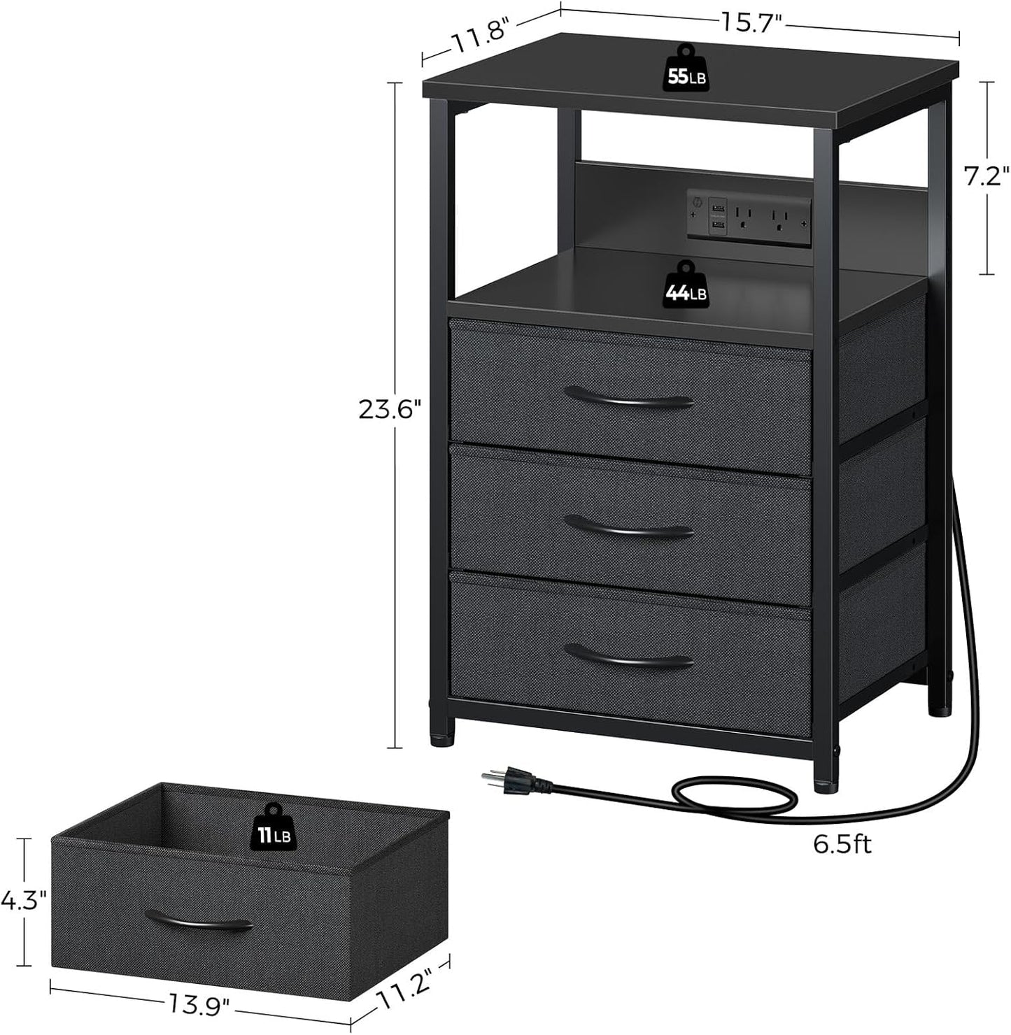 Seventable Nightstand with Charging Station and LED Light, Set of 2 Side Table with 3 Fabric Drawers, Bedside End Table with USB Ports and Outlets, Night Stand for Bedroom, Black