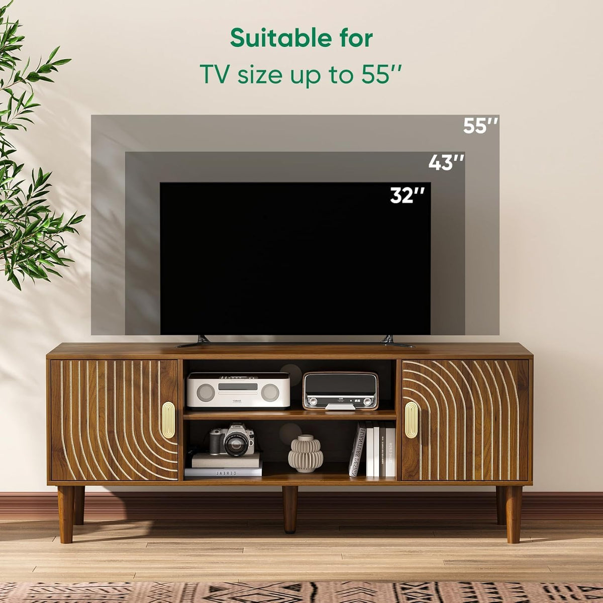 47" TV Stand for TVs up to 55 Inch, Entertainment Center with Storage and Adjustable Shelves, Modern Media Console for Living Room, Walnut