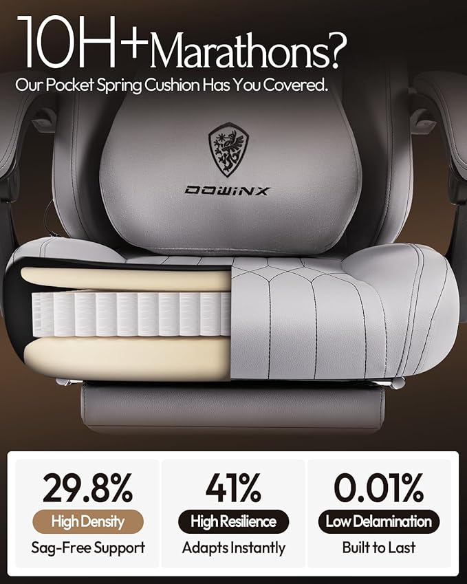 Dowinx Gaming Video Gaming Chair with Shiatsu Neck Massage and Lumbar Support for Home Office High Back Recliner Height Adjustable Ergonomic Comfy Leather Computer Desk Chair (Grey)