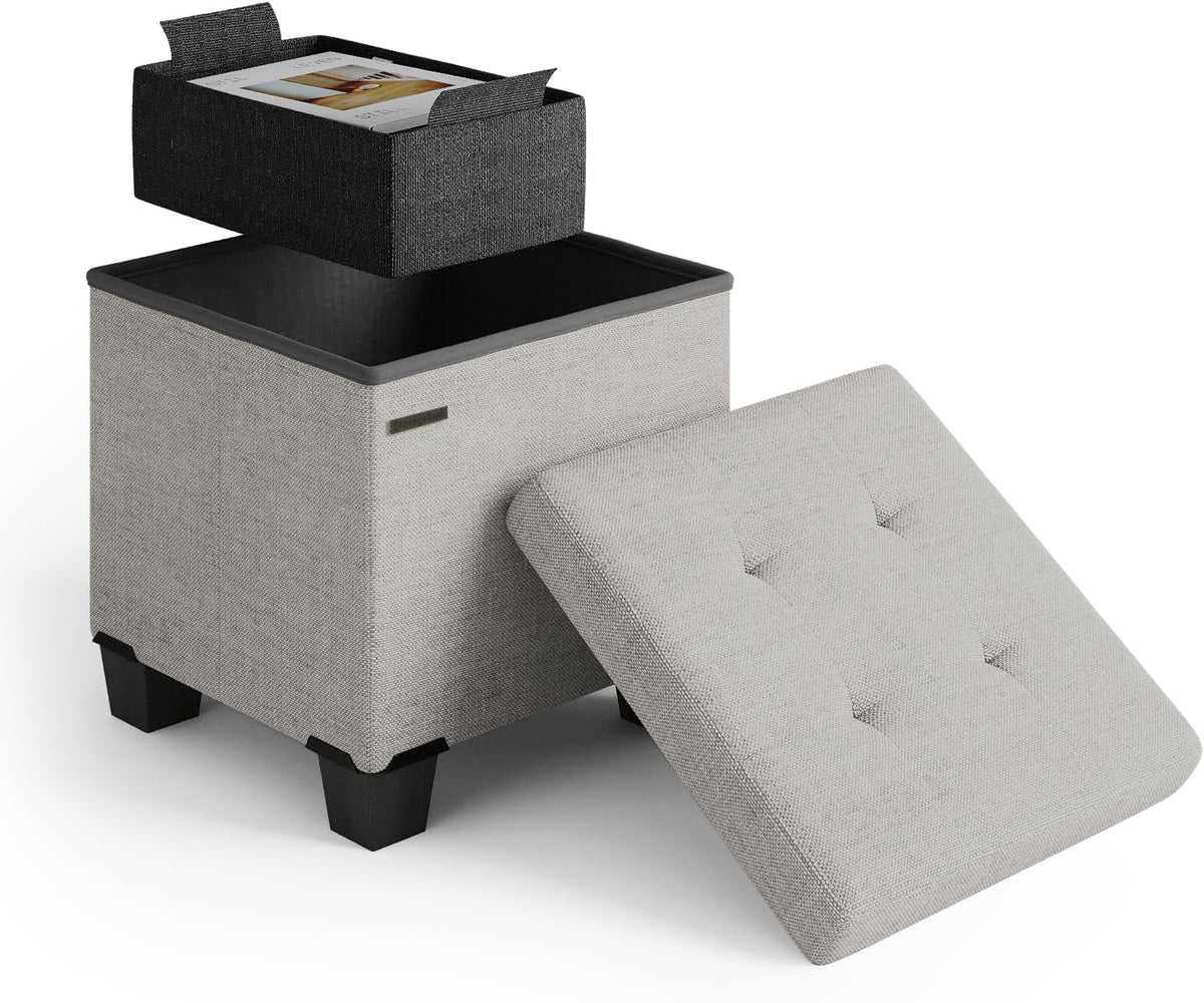 STORAGEBUD Storage Ottoman Cube with Small Bin, 16-in Square Ottoman with Storage for Living Room and Bedroom, Small Ottomans Foot Rest, Fabric Foot Stools Ottomans Max 330lbs, Light Grey