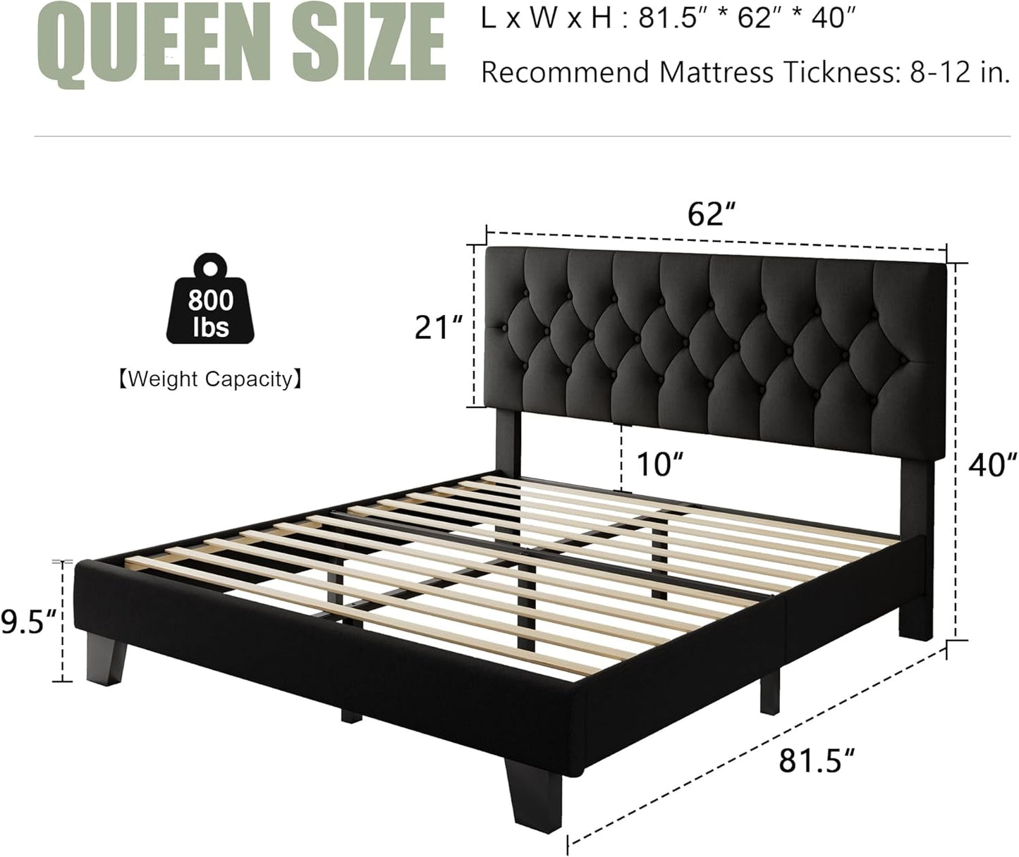 Feonase Queen Platform Bed Frame with Button Tufted Headboard, Upholstered Linen Bed with Wooden Slats Support, No Box Spring Needed, Easy Assembly, Noise-Free, Black