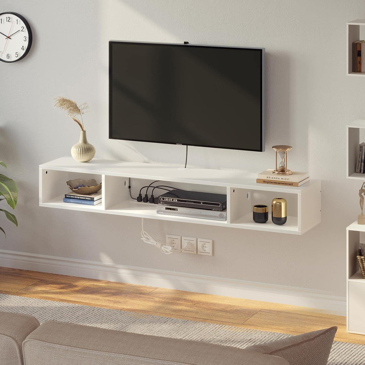 Rolanstar TV Stand with Power Outlet, Floating TV Stand with RGB Lights, 55.1" Wall Mounted TV Shelf, White Media Console with Storage Shelf, Entertainment Under TV for Living Room, Bedroom