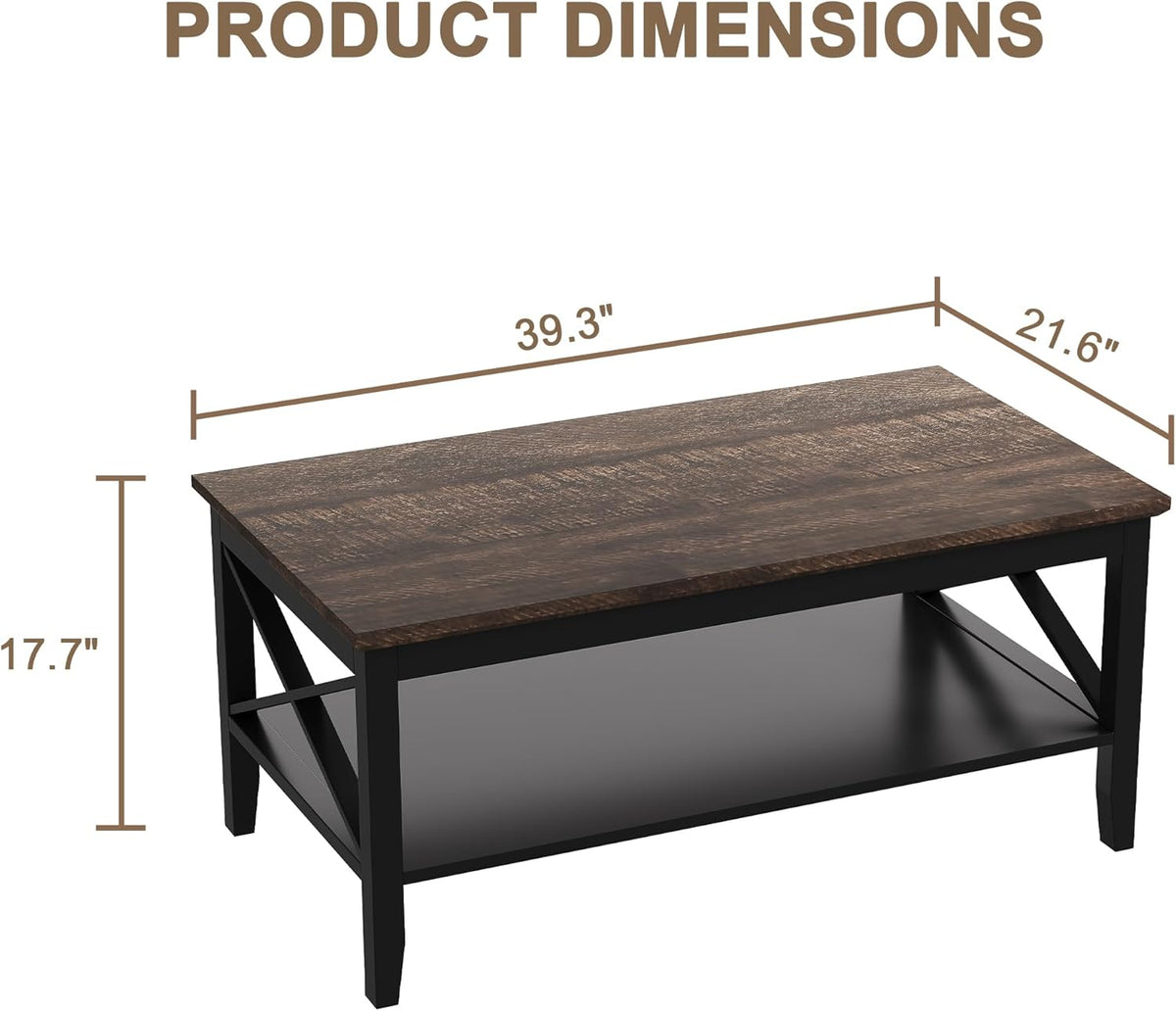 ChooChoo Coffee Table, Wooden Coffee Tables with Thicker Legs, Black Coffee Table with Storage for Living Room