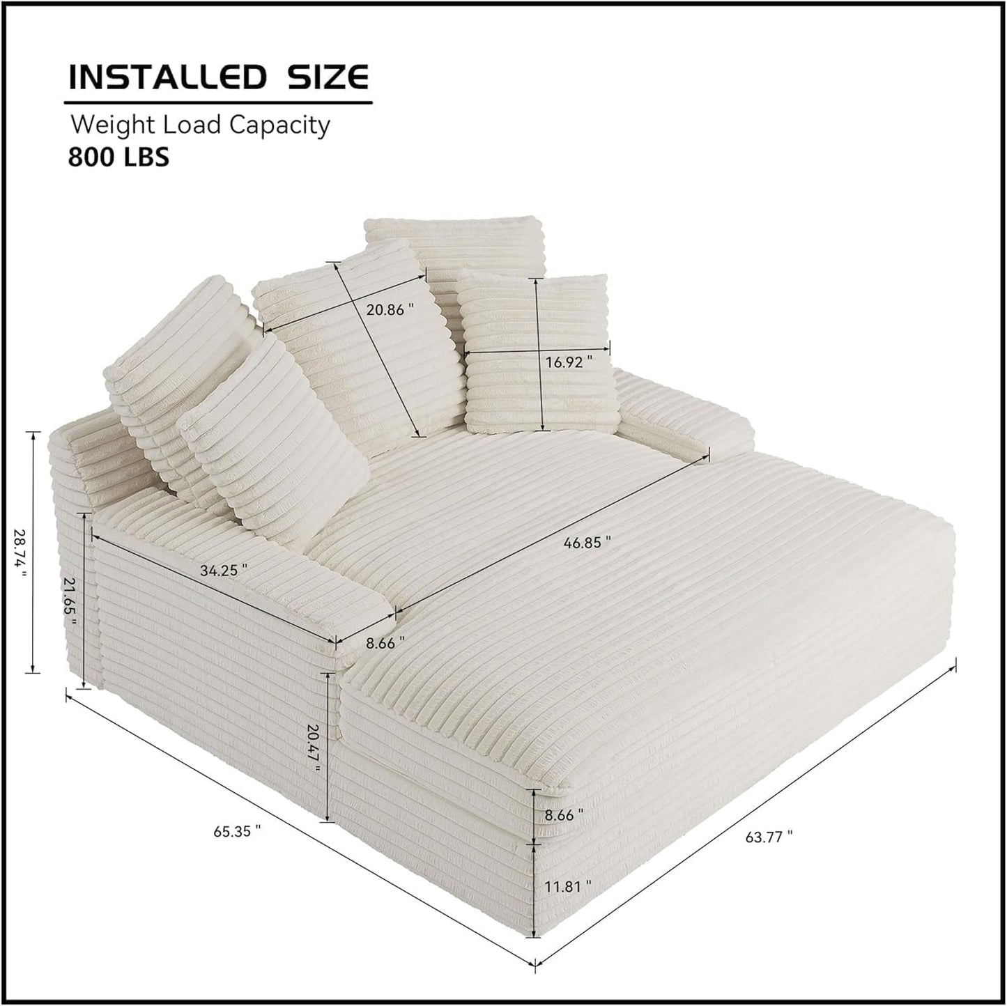 64" Oversized Chaise Daybed Lounge Sleeper Sofa Extra Wide Cloud Sofa&Couch, Luxury Plush Corduroy Upholstered Loveseat Couch Deep Seat Living Room Queen Size Sofabed W/5 Pillows for Home/Apartment