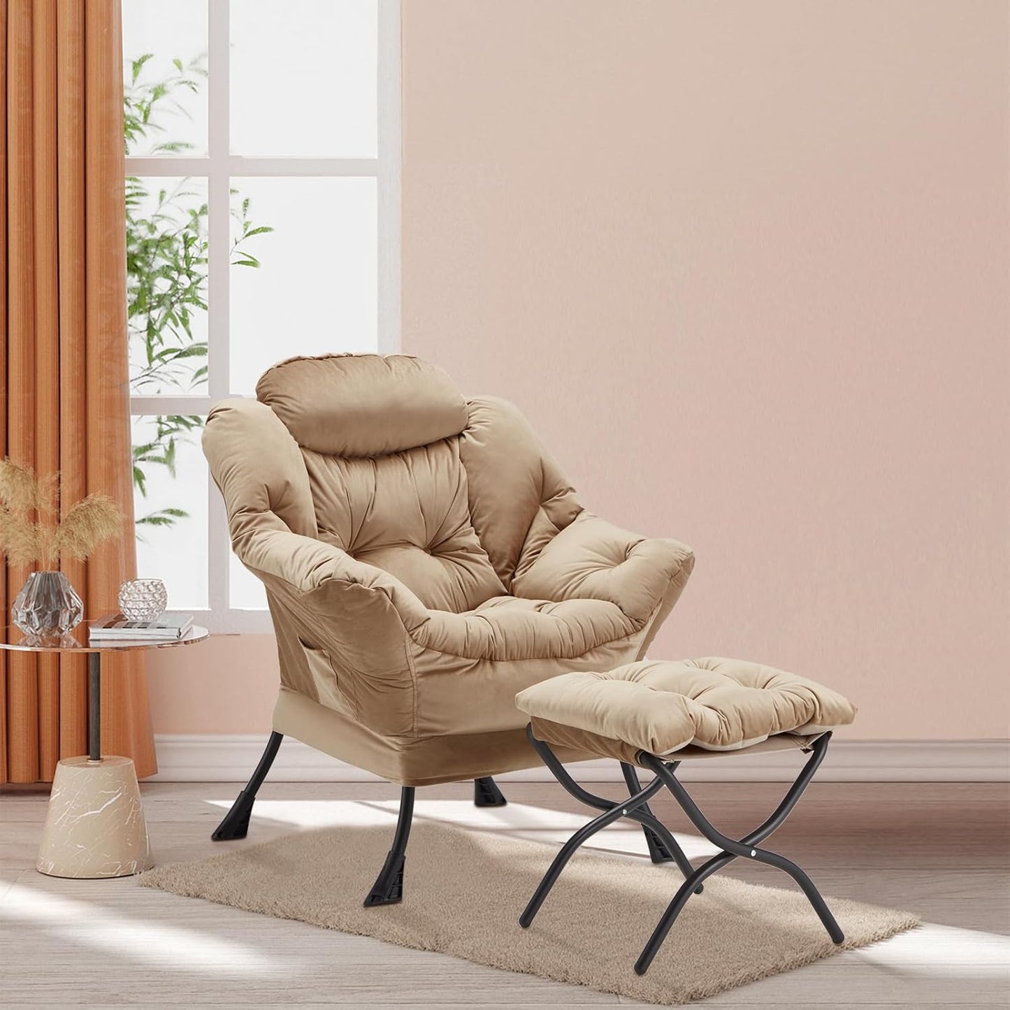 Lazy Chair with Folding Ottoman, Accent Chair Velvet Upholstered with Metal Structure and Non-Slip Pads, Sofa Armchair with Footrest and Side Storage Bag for Dorm, Room, Office, Khaki