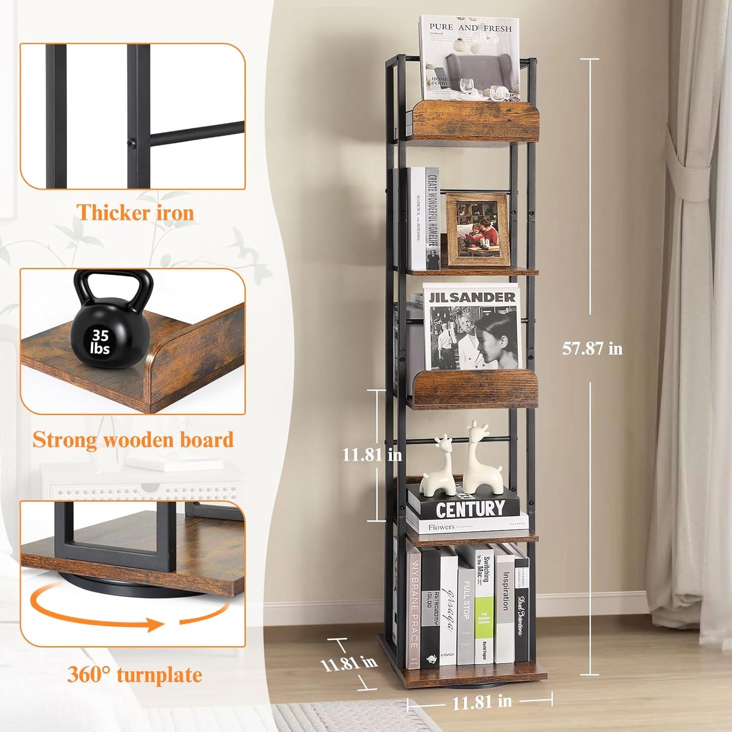 Bikoney Rotating Bookshelf, 360 Display Spinning Bookshelf Tower, 5-Tier Narrow Bookcase, Tall Industrial Book Shelf Organizer, Small Corner Book Shelves for Living Room, Black
