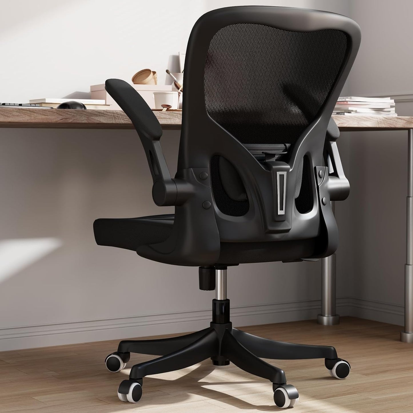 Monhey Ergonomic Office Chair with Lumbar Support, Adjustable Height, 2D Flip-up Arms, Breathable Black Mesh, Comfortable Desk Chair Chair for Home, Office, Study & Gaming