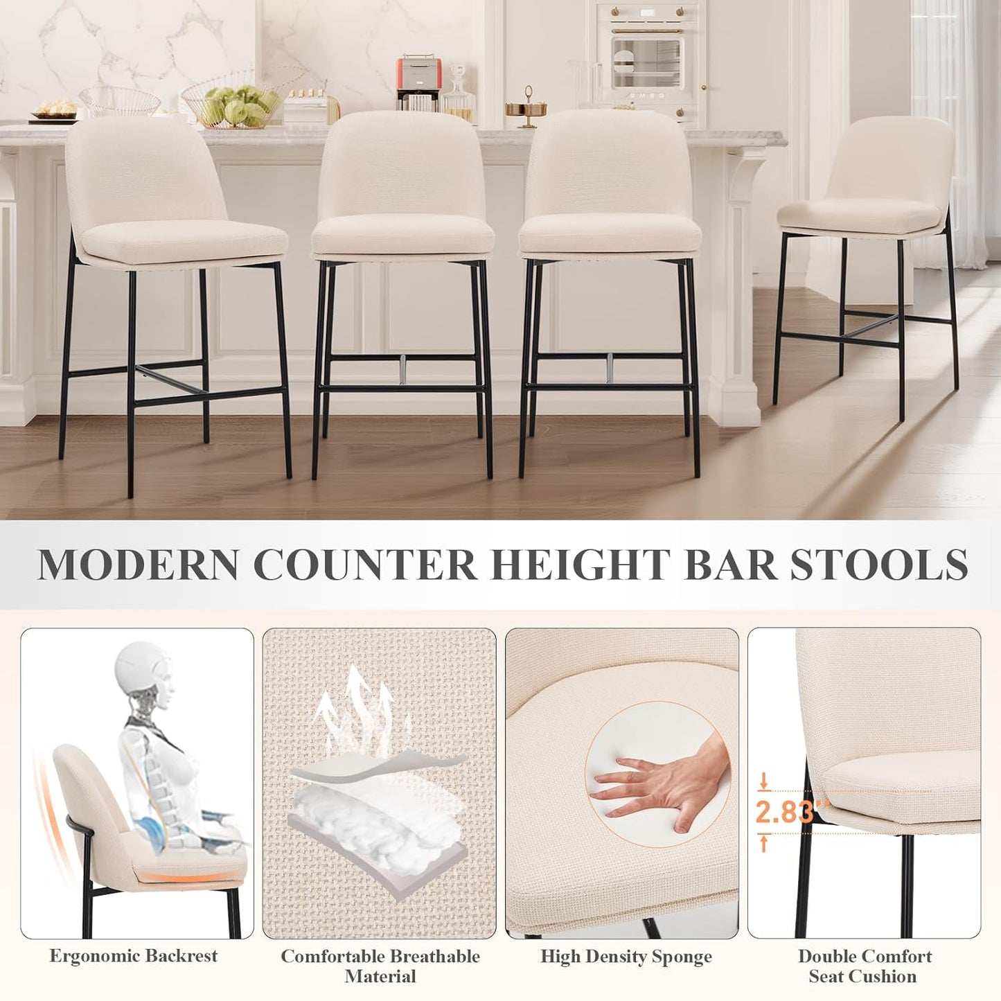 COLAMY Counter Height Bar Stools Set of 4, 25 Inch Modern Fabric Kitchen Island Stools with Back, Upholstered Counter Barstools Armless Bar Chairs with Metal Legs for Island Dining Room Bar, Beige