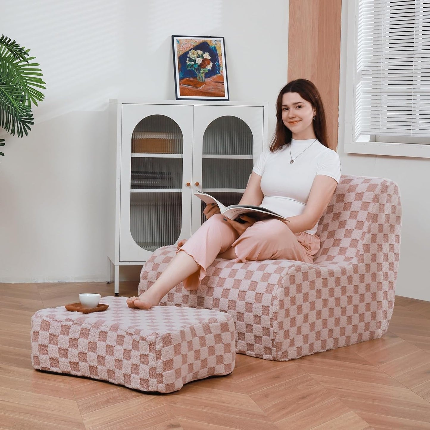 Giant Bean Bag Chair for Adults with Ottoman, Teddy Fabric Beanbag Chair with Memory Foam Filled,Plush Lazy Floor Sofa with Footstool Couch for Living Room,Bedroom,Dorm, Apartment, Pink