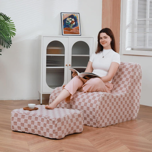 Giant Bean Bag Chair for Adults with Ottoman, Teddy Fabric Beanbag Chair with Memory Foam Filled,Plush Lazy Floor Sofa with Footstool Couch for Living Room,Bedroom,Dorm, Apartment, Pink