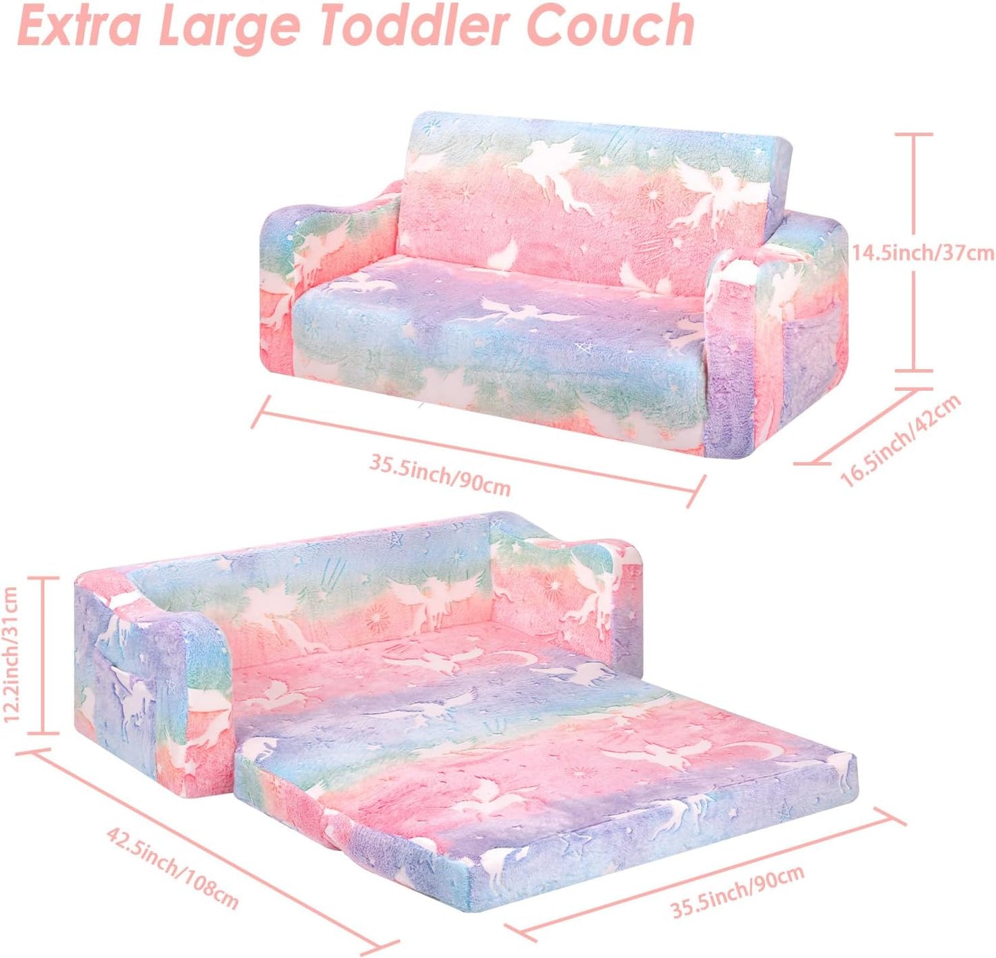 Kids Couch Extra Large,Glow in The Dark 2-in-1 Folding Kids Sofa Bed for Girls,2 Seats Convertible Sleeper Lounger Toddler Couch for Children Bedroom Playroom Nursery,Unicorn