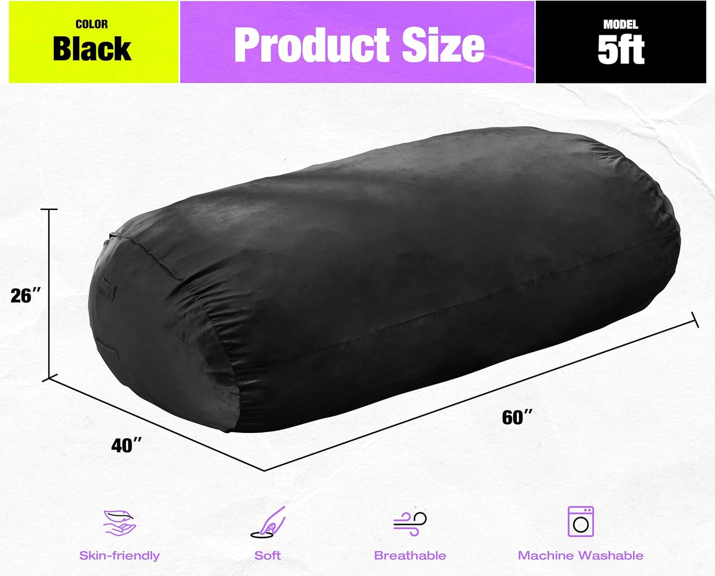 Hobestluk 5FT Bean Bag Chair Large Beanbag Lounger with Removable Cover Adult Bean Bag Chair with Portable Handle Desgin for Living Room Bedroom (Black, 5FT)