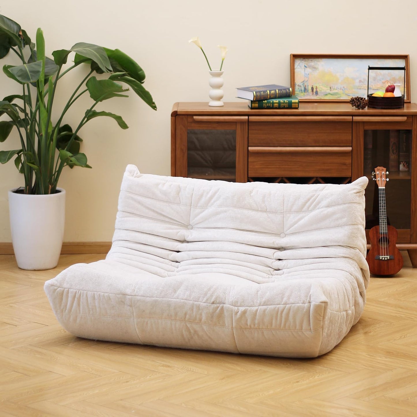 N&V Fireside Chair, Mid Century Armless Floor Sofa, Soft Premium Chenille Floor Lounge Chair, Foam Sofa Accent Chair for Living Room Bedroom and Office (White, Loveseat)