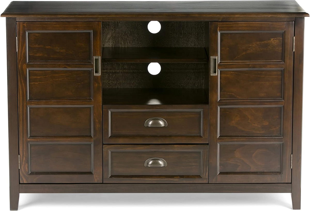 SIMPLIHOME Burlington SOLID WOOD 54 inch Wide Transitional TV Media Stand in Mahogany Brown For TVs up to 60 inches for the Living Room and Entertainment Center