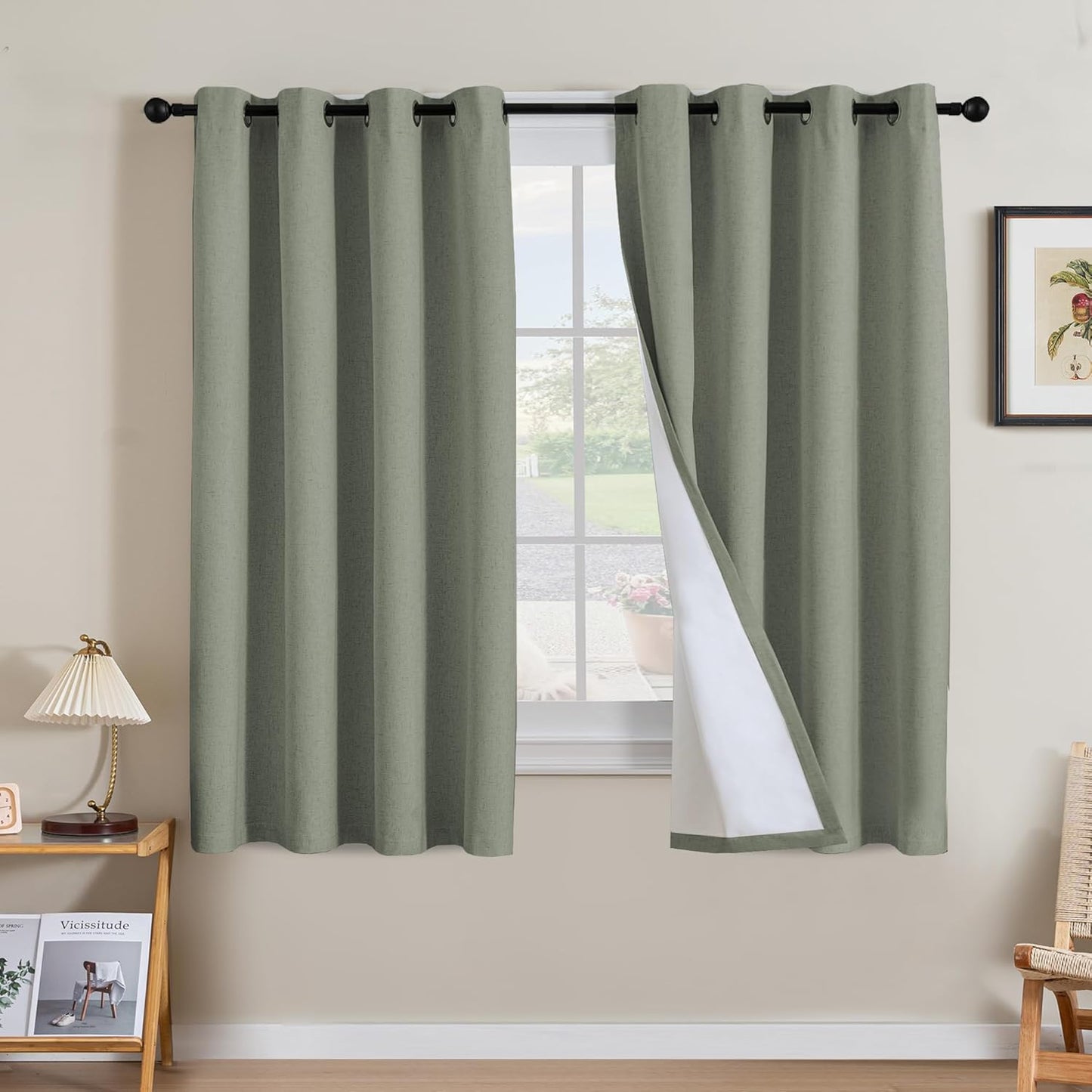 H.VERSAILTEX Linen Curtains 100% Blackout Curtains for Bedroom 63 inch Long Full Light Blocking Nature Linen Blended Window Curtains for Living Room Nickel Grommet (2 Panels, Heathered Dried Sage)