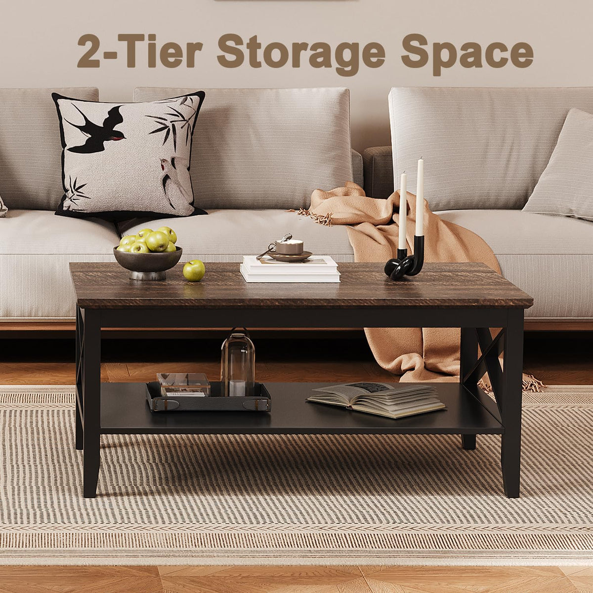 ChooChoo Coffee Table, Wooden Coffee Tables with Thicker Legs, Black Coffee Table with Storage for Living Room