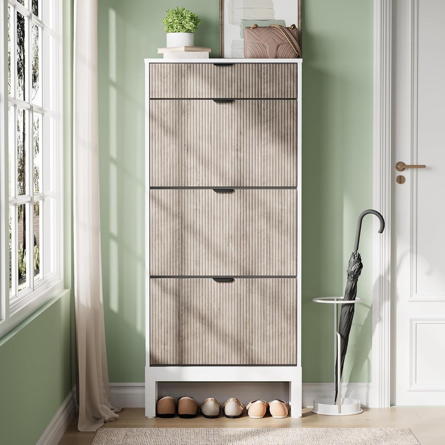 GarveeHome Shoe Cabinet with 3 Flip Doors & 1 Drawer, Entrance Wooden Shoe Rack with Iron Legs, Slim Shoe Storage Cabinet, Modern Fluted Shoe Organizer for Entryway Hallway, White+Grey