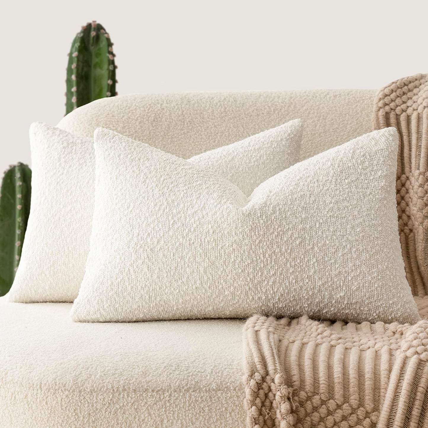 Foindtower Pack of 2 Textured Boucle Throw Pillow Covers Accent Solid Lumbar Pillow Cases Cozy Soft Decorative Couch Cushion Case for Chair Sofa Bedroom Living Room Home Decor, 12 x 20 Inch,White